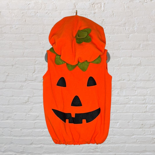 Orange pumpkin costume with a smiling jack-o'-lantern face and green leaf details, designed for a festive look.