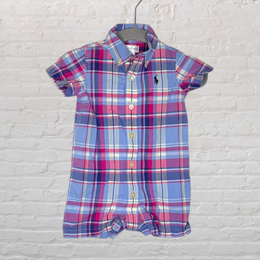 Ralph Lauren plaid button-up baby romper with blue, pink, and yellow pattern on a hanger.