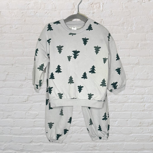 Light grey outfit set with dark green tree prints for kids, includes a long sleeve sweatshirt and pants.