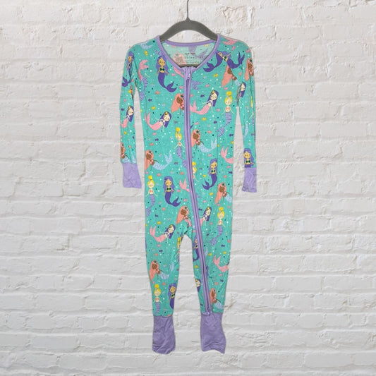 Teal footed pajamas with a colorful mermaid print, featuring purple cuffs and trim.