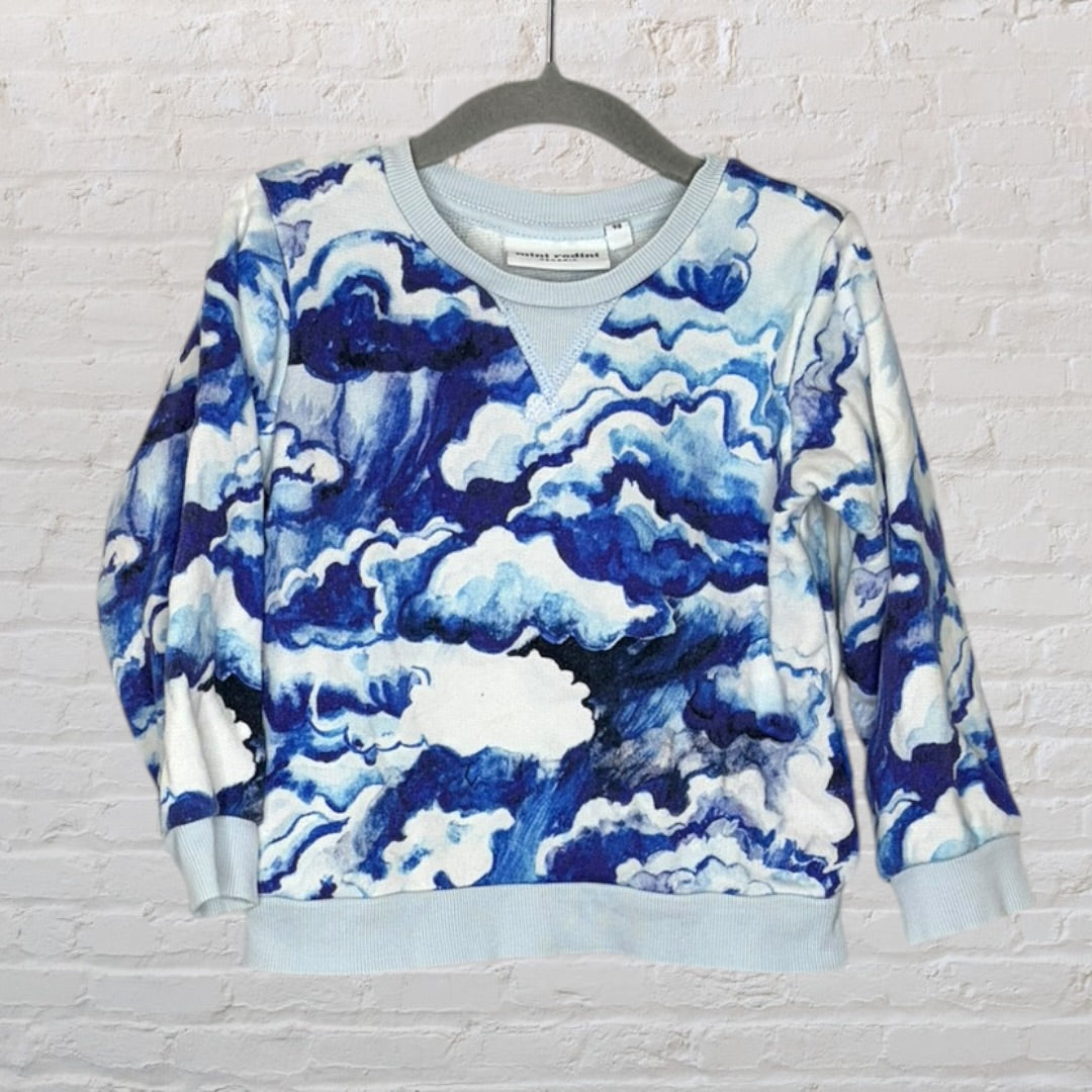 Sweatshirt with a blue and white cloud pattern hanging on a gray hanger against a brick wall.