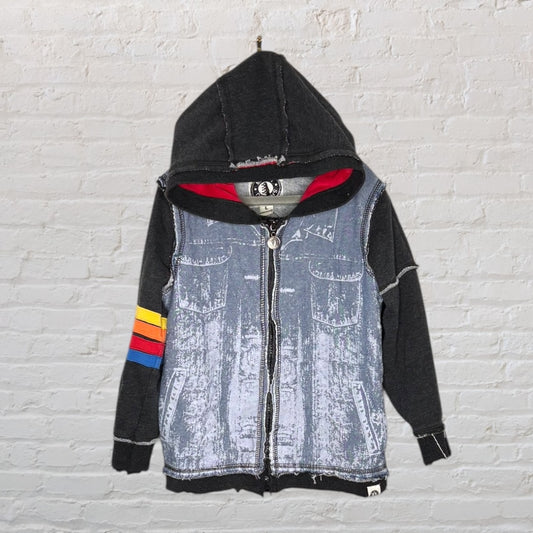 Black hoodie with denim-style print and colorful stripes on the sleeve, featuring a red lining and zip closure.
