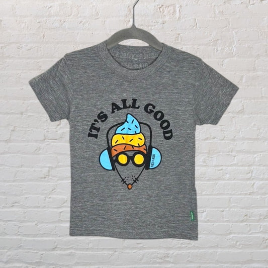 Heather grey T-shirt with a colorful cartoon graphic and 'It's All Good' text.