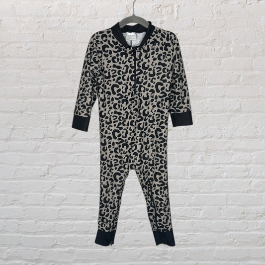 Unisex baby onesie with a gray and black leopard print, featuring black cuffs and a zipper.