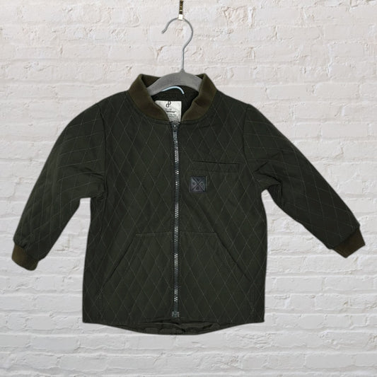 Olive green quilted zipper jacket with a front pocket, hanging on a hanger.
