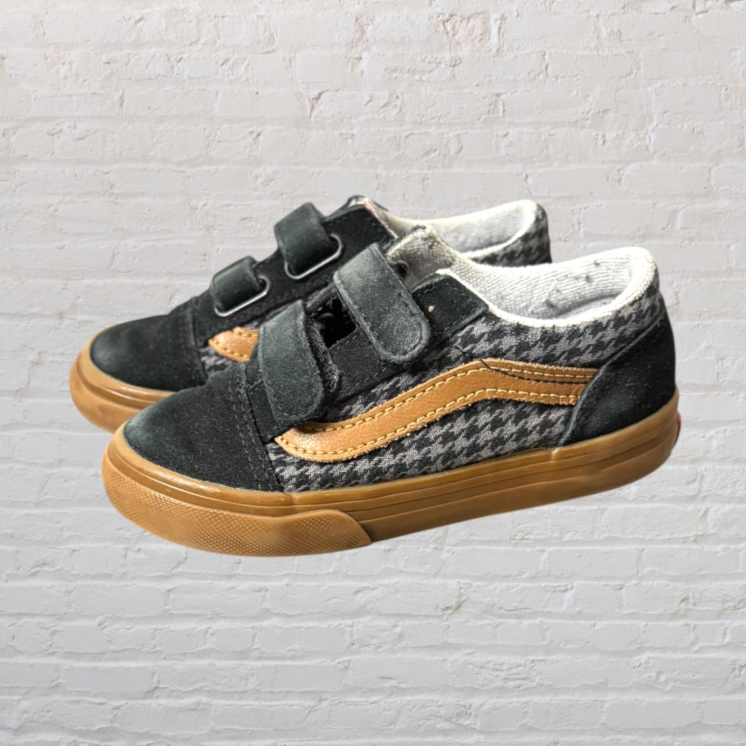 Checkered sneakers with velcro straps, featuring black and brown accents and a gum sole.