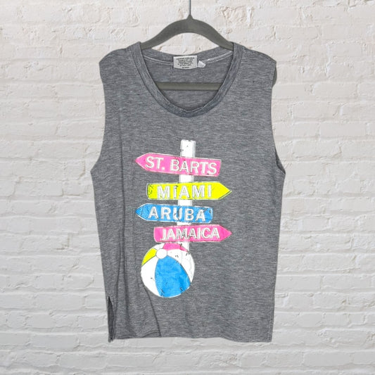 Gray sleeveless top with beach destination signs printed in colorful graphics, including St. Barts, Miami, Aruba, and Jamaica.