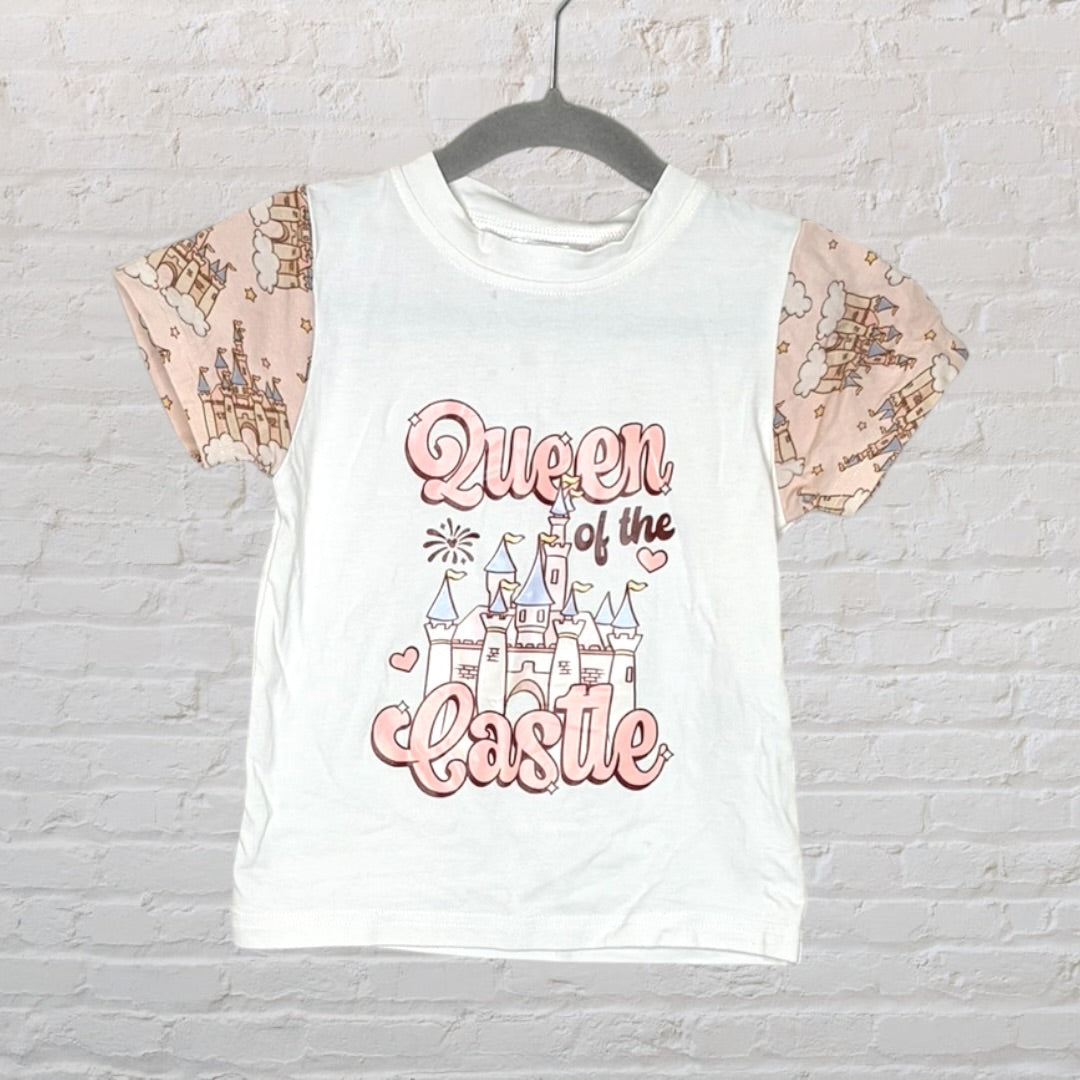 White T-shirt with pink sleeves featuring a 'Queen of the Castle' design and castle illustration.