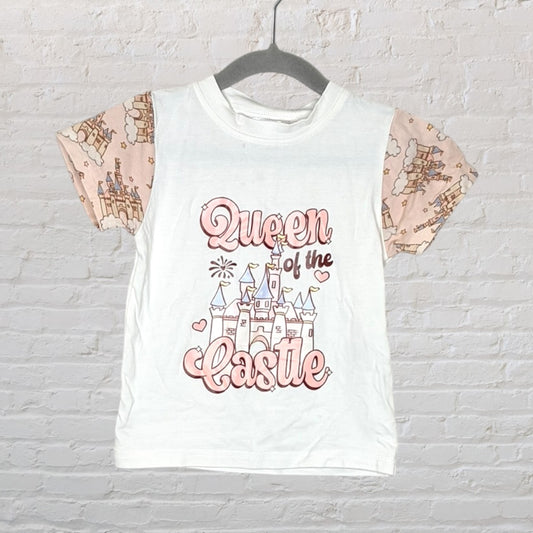 White T-shirt with pink sleeves featuring a 'Queen of the Castle' design and castle illustration.