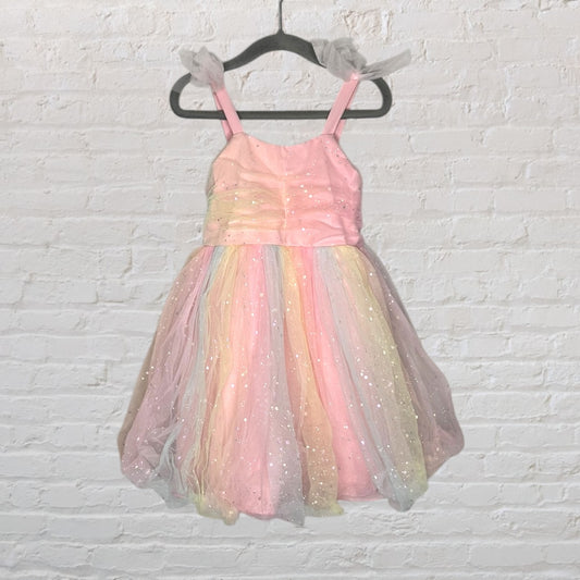 Pink dress with rainbow tulle skirt and glitter detailing, featuring straps and a ruched bodice.