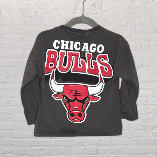 Dark gray long sleeve shirt featuring a large Chicago Bulls logo on the back with bold red and white text.