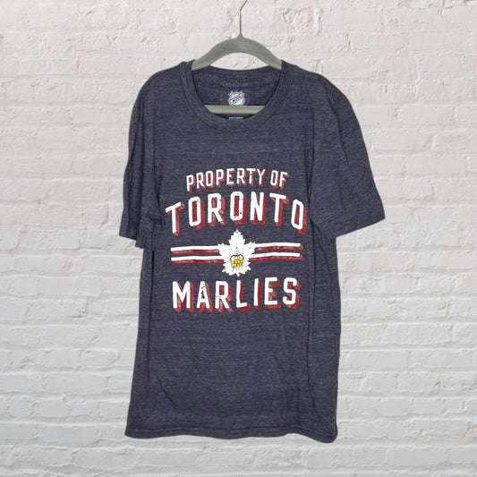 Heathered navy Toronto Marlies T-shirt with white and red lettering saying 'Property of Toronto Marlies' and a logo.