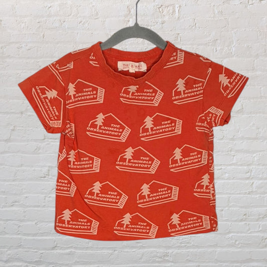 Orange T-shirt with white graphic print from The Animals Observatory, featuring repeated logo designs, hung on a hanger.