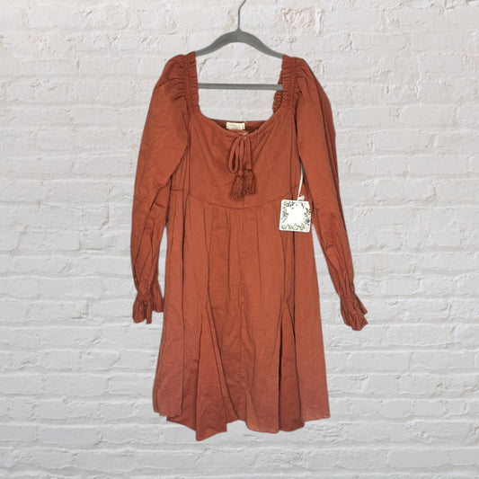 Terracotta long sleeve bohemian peasant dress with tie detail, new with tags, hanging on a hanger.