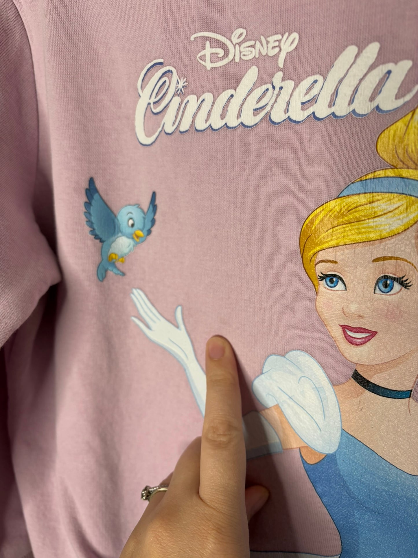 Lavender sweatshirt featuring a Disney Cinderella graphic with a bluebird.