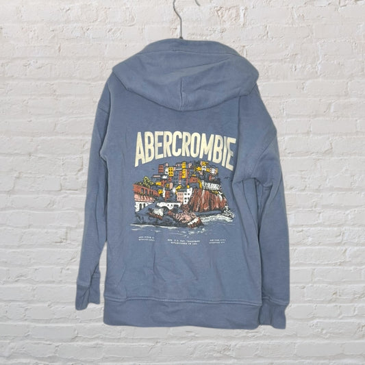 Blue Abercrombie hoodie featuring a coastal graphic design on the back, displayed on a hanger against a brick wall.