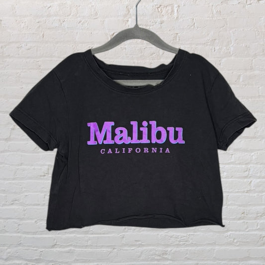 Black crop top with 'Malibu California' printed in purple, hanging on a hanger against a white brick wall.