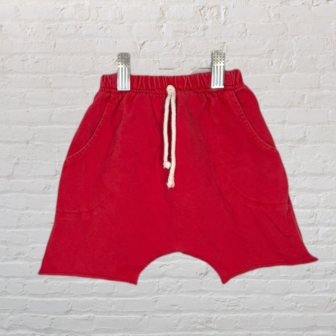 Casual red shorts with drawstring waistband and pockets, clipped on a background.