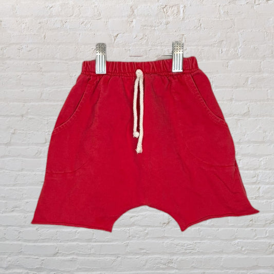 Casual red shorts with drawstring waistband and pockets, clipped on a background.