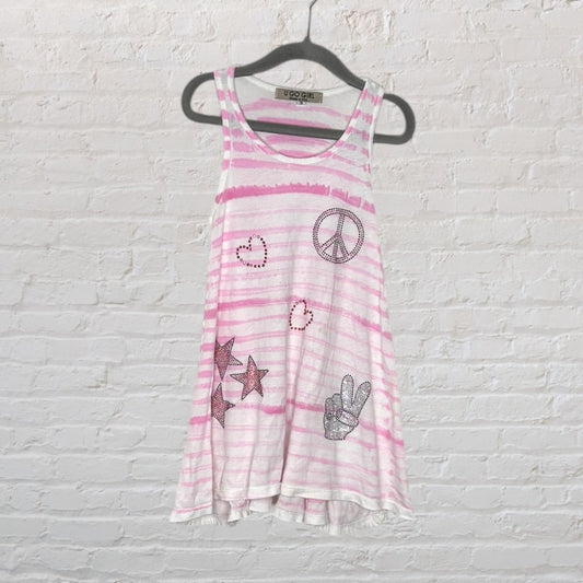 Pink and white striped sleeveless dress with peace signs, stars, and hearts, by U Go Girl, hanging on a hanger.