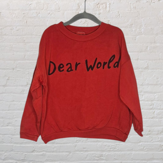 Red sweatshirt with 'Dear World' printed in black on the front, hanging on a dark hanger against a white brick background.