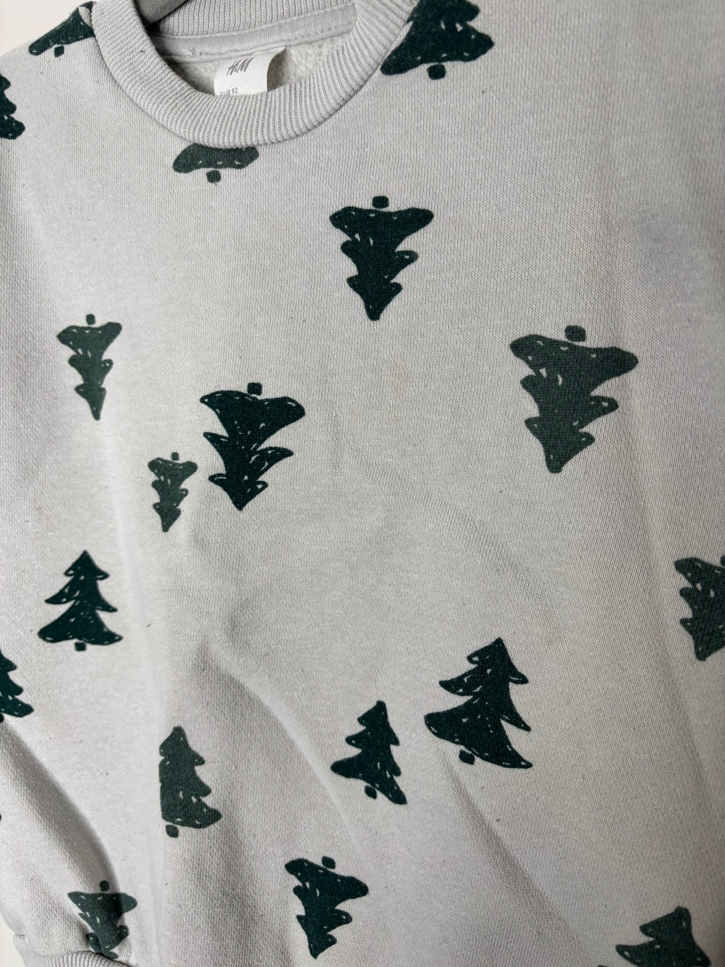 Light grey outfit set with dark green tree prints for kids, includes a long sleeve sweatshirt and pants.