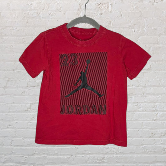 Red Air Jordan T-shirt with black Jumpman silhouette and text design.