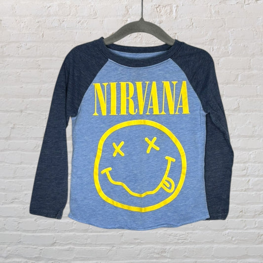 Blue and yellow Nirvana long-sleeve raglan shirt with the iconic smiley face logo, displayed on a hanger.