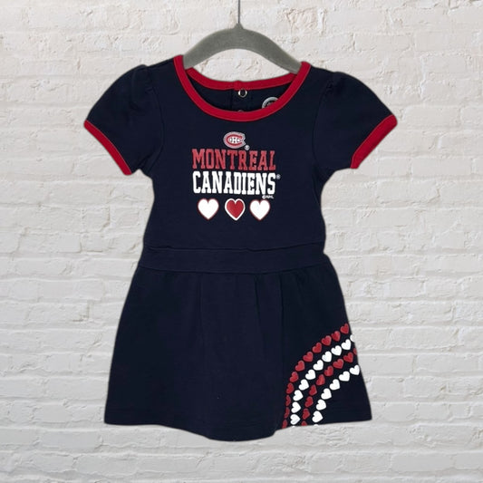Children's navy dress with Montreal Canadiens logo and heart graphics, featuring red trims.