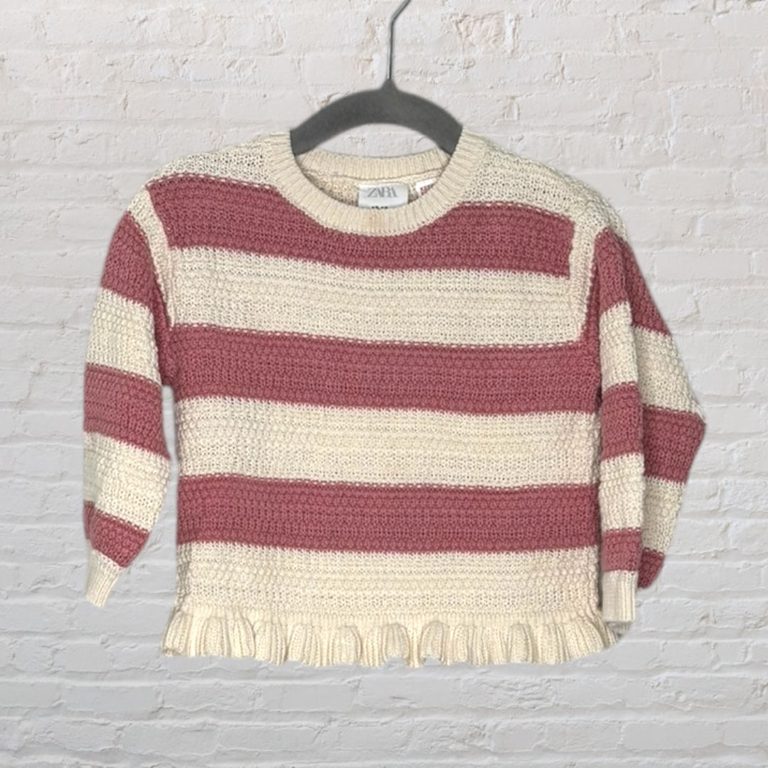 Zara striped knit sweater in cream and pink with a textured design, hanging on a black hanger.