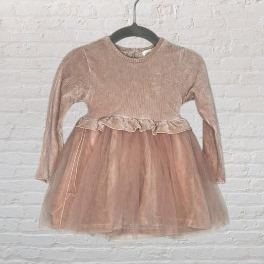 Blush pink velvet and tulle long-sleeve dress with ruffle detailing, hanging on a hanger.