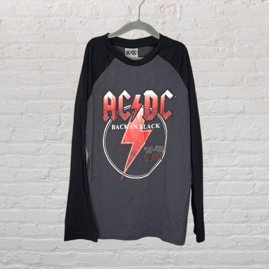 Black and grey long sleeve AC/DC tee with 'Back in Black' and '80-'81 Tour' graphics.