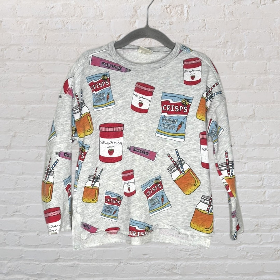 Grey long sleeve shirt with colorful snack graphics including crisps, jam, and drinks.
