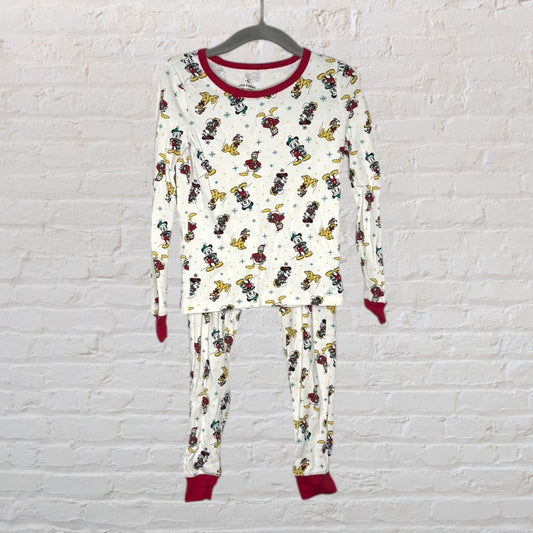 White pajama set with Disney character prints, featuring red cuffs and neckline.