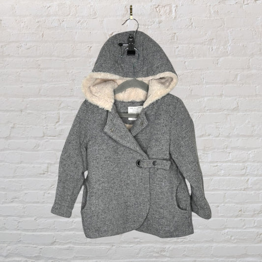 Grey wool blend coat with hood and faux fur lining from Zara Kids, displayed on a hanger.