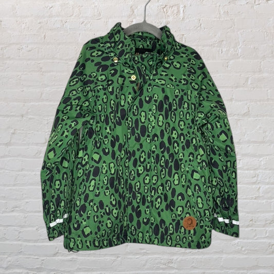 Green and black leopard print jacket with hood and button details, hanging on a hanger.