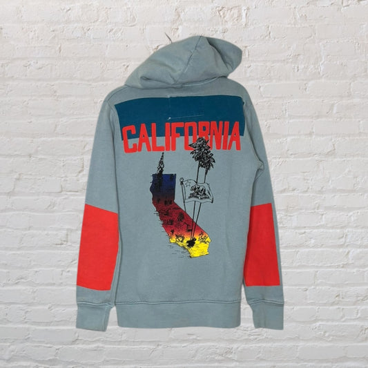 Grey hoodie with a colorful California graphic on the back, featuring red sleeve panels.