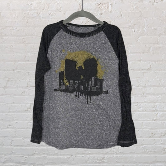 Gray and black raglan tee with Wu-Tang Clan graphic and city skyline design.