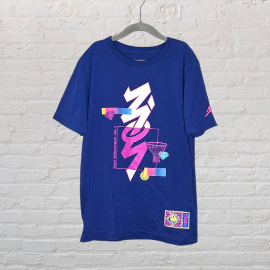 Blue T-shirt featuring multicolor graphics including Zion Williamson text and basketball motifs.