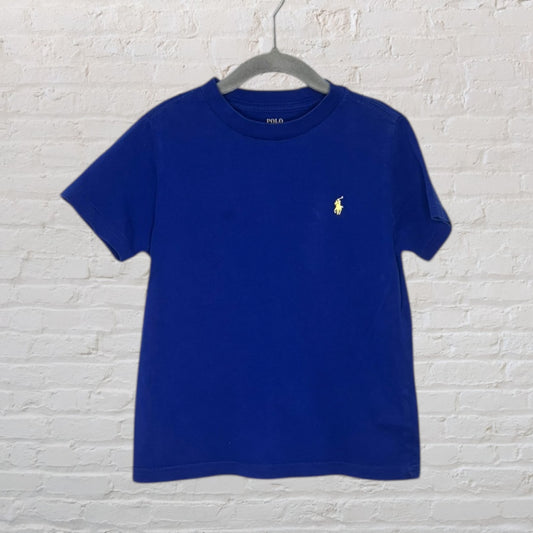 Blue Polo Ralph Lauren T-shirt with yellow logo embroidery, hanging on a hanger.