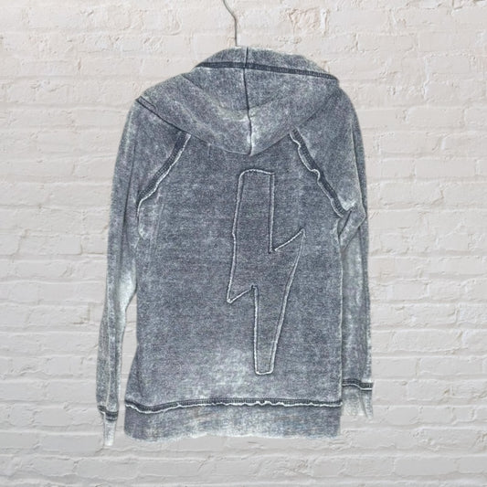Distressed gray hoodie with a bold lightning bolt design on the back.