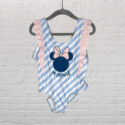 Blue and white striped swimsuit featuring Minnie Mouse design with pink ruffles.