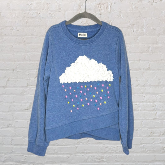 Blue sweatshirt by Hatley with a textured cloud design and colorful embroidered hearts.