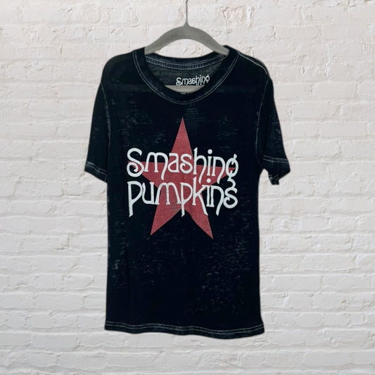 Distressed black Smashing Pumpkins band T-shirt with a red star graphic and white text.