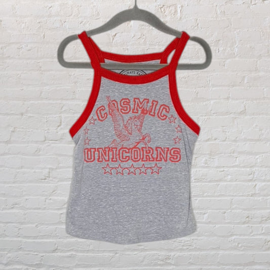 Grey tank top with red trim featuring a 'Cosmic Unicorns' graphic and stars, displayed on a hanger.