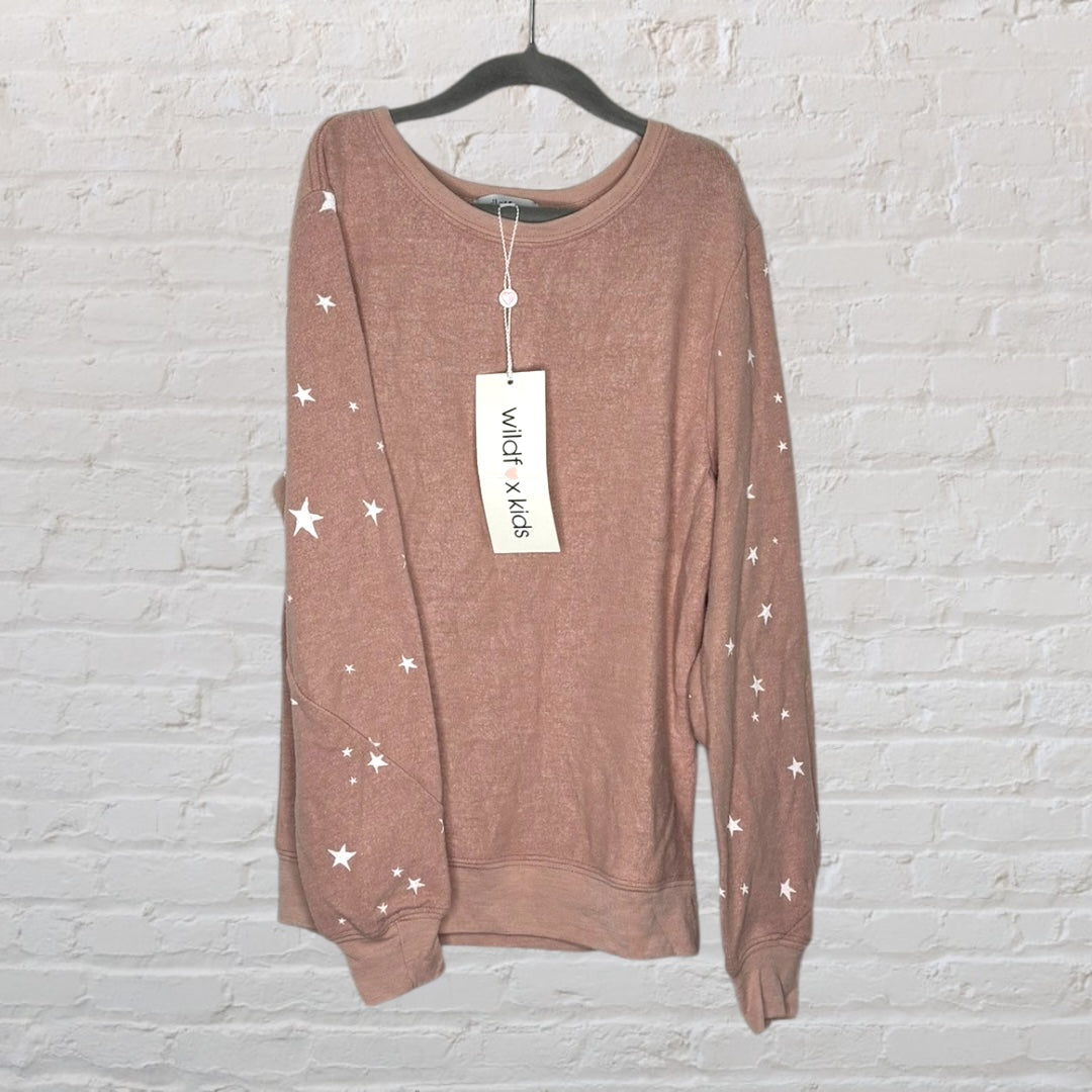 Dusty pink Wildfox Kids sweater with white star prints on sleeves, hanging on a black hanger with tag attached.