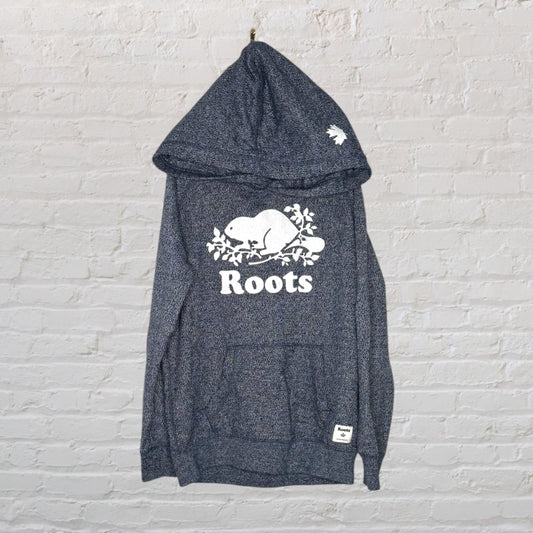 Charcoal grey Roots hoodie with large white beaver logo and text, featuring a front pouch.