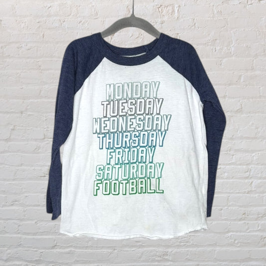 Unisex raglan t-shirt with navy sleeves and a days-of-the-week print with 'Football' on Sunday in various colors.