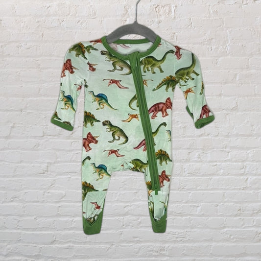 Green baby onepiece with colorful dinosaur print and a front zipper, hanging on a hanger.