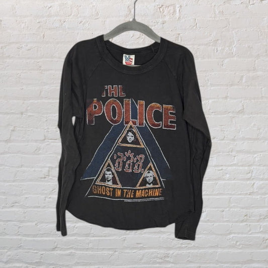 Black long sleeve T-shirt featuring 'The Police' Ghost in the Machine graphic with band members' images.